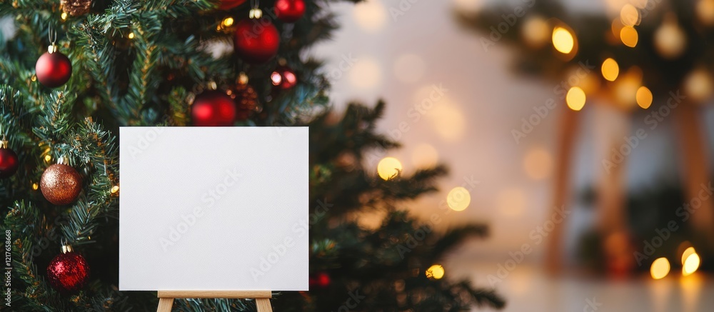 Poster Blank canvas near Christmas tree creating a festive greeting card backdrop with ample space for personalized text and holiday messages.