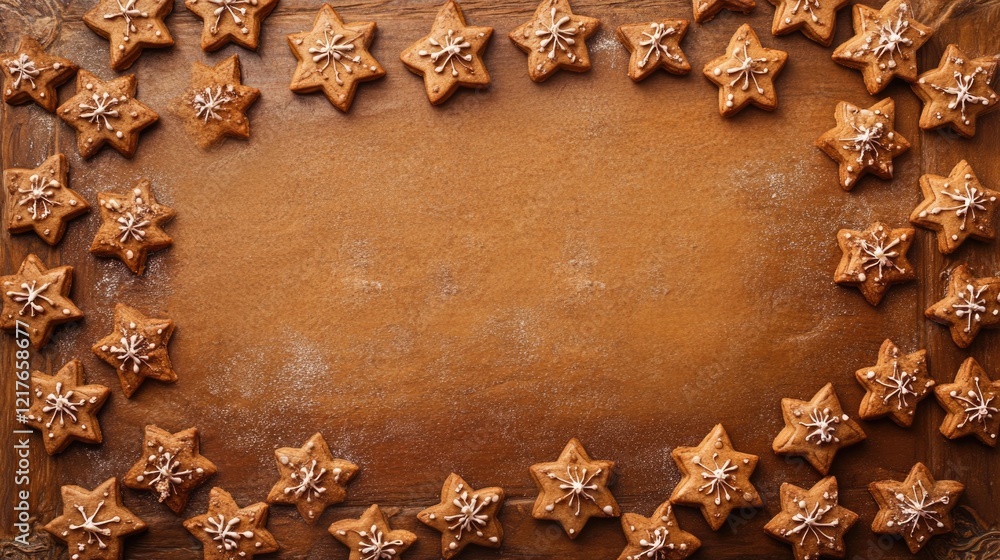 Poster gingerbread cookies festive background with empty center space for holiday text or messages