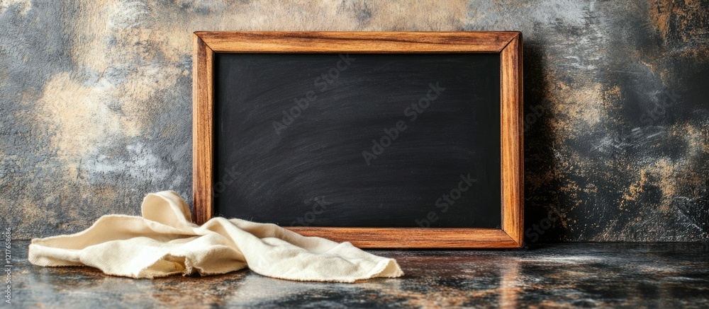 Poster Empty Chalkboard on Countertop Surrounded by Linen Cloth for Text and Message Display in Rustic Kitchen Setting