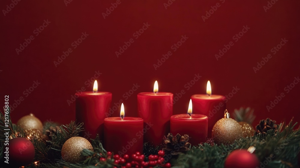 Poster festive christmas candles with advent decor and empty space for holiday text or messages on a warm r
