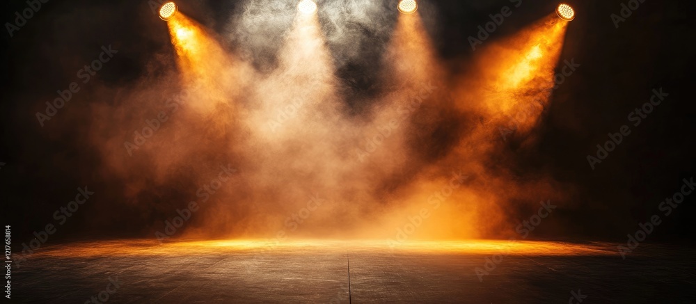 Poster Bright stage spotlights illuminating a hazy backdrop creating a dramatic atmosphere with empty space for text or graphics