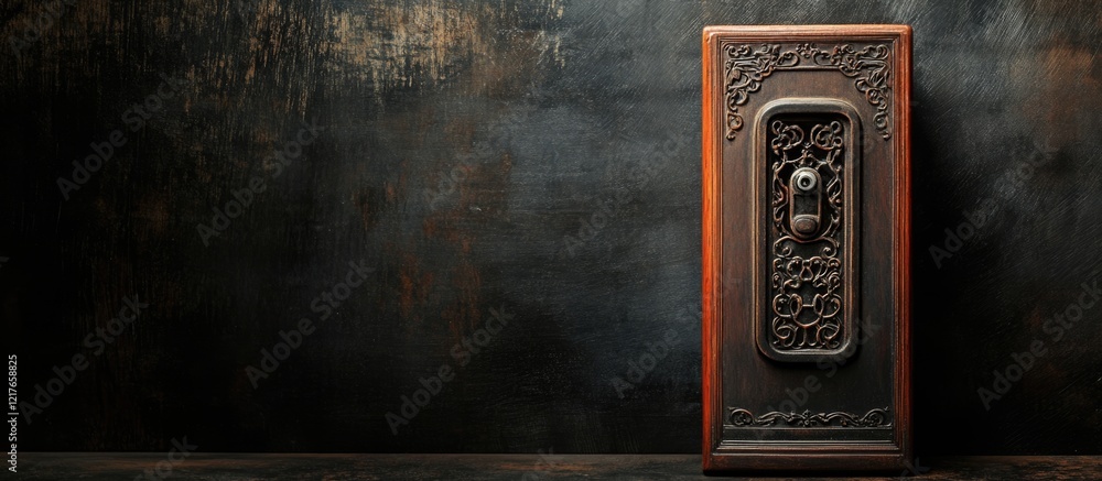 Aufkleber carved wooden telephone box on dark background with ample copyspace for text and creative design ele