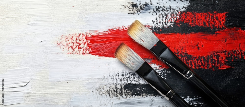 Poster Black white and red paint brushes on a textured palette with ample empty space for creative text or design elements.