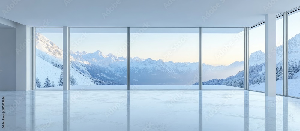 Poster modern minimalist living room with panoramic windows showcasing snowy mountain views and ample space