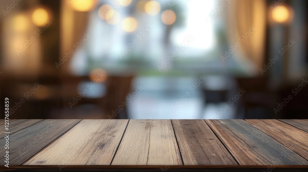 Poster wooden table surface with blurred background of a cozy cafe setting featuring soft lighting and wind