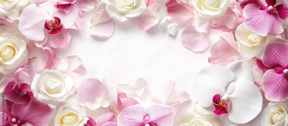 Poster elegant bridal bouquet of white roses and pink orchids arranged beautifully with a soft empty space 