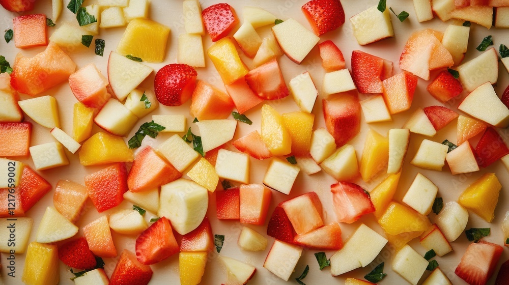 Poster colorful chopped fruits and vegetables on a table with ample empty space for text and design element