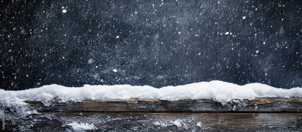 Poster Rustic Wooden Table with Snow on Black Winter Background and Empty Space for Text Ideal for Seasonal Promotions or Festive Designs