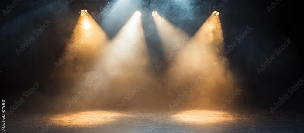 Poster Vibrant stage lighting with hazy atmosphere creating dramatic empty space for text or performance backdrop in a theatrical setting