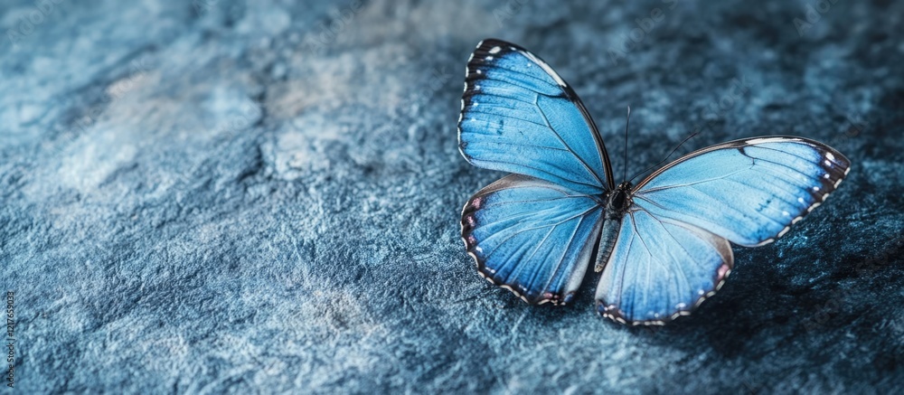 Poster Blue butterfly with striking black and white patterns perched on a textured surface ideal for adding text or captions