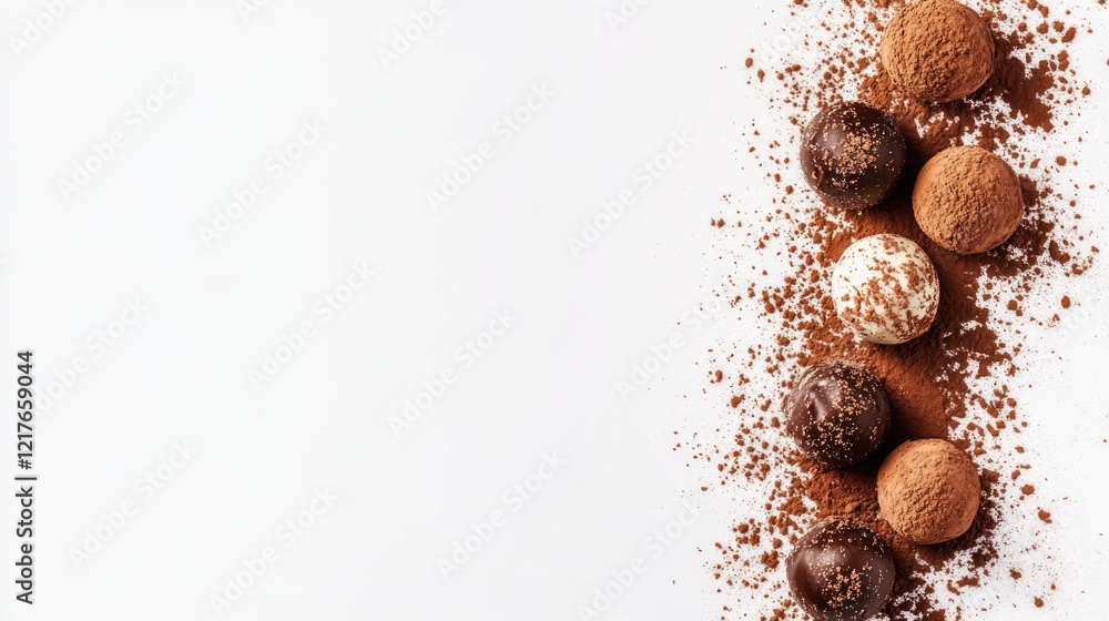 Poster chocolate truffles coated in cocoa powder decorative arrangement with space for custom text on clean