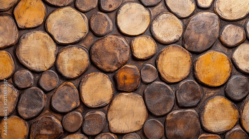 Poster natural wooden texture background with round wood slices arranged in a seamless pattern. copy space 
