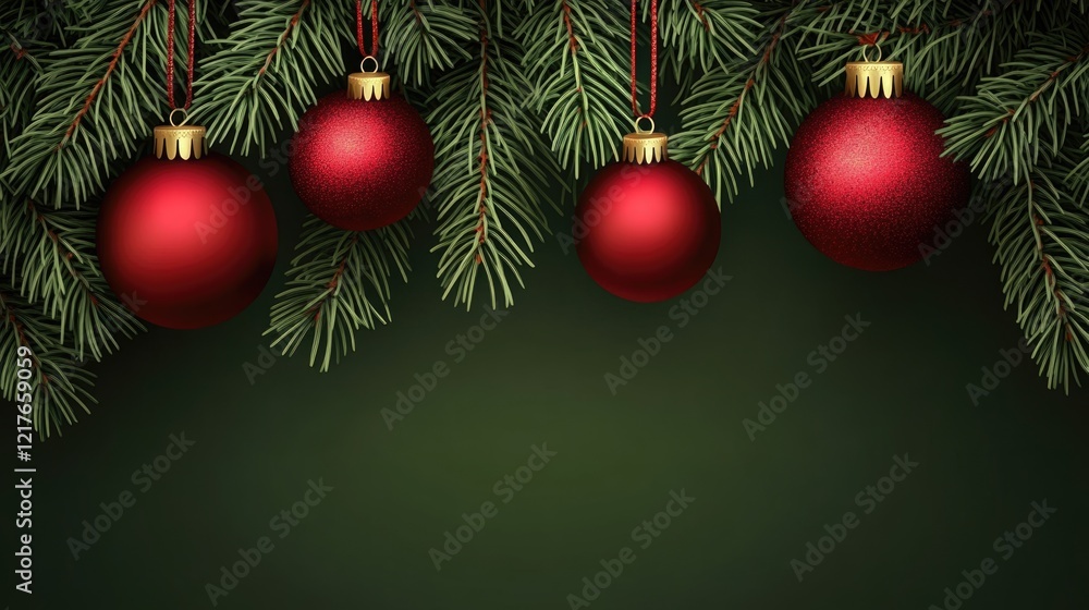 Poster christmas background featuring pine branches adorned with red ornaments and generous copy space for 