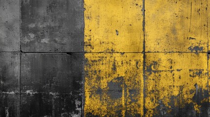 Textured concrete wall with gray and yellow paint, showing wear and age, Copy Space for text placement.