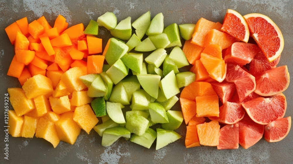 Poster chopped colorful fruits and vegetables neatly arranged on a textured surface with ample empty space 