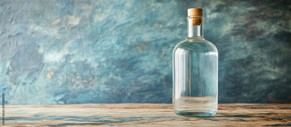 Aufkleber Clear gin bottle with cork on wooden table against textured background featuring empty label and space for text or product branding