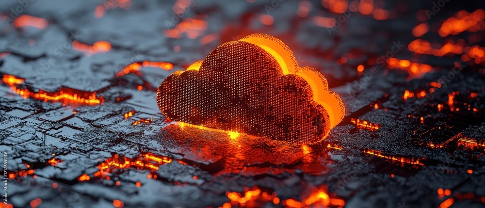 Aufkleber digital cloud symbol with sharp lines on fiery lava surface abstract art futuristic high-tech concep