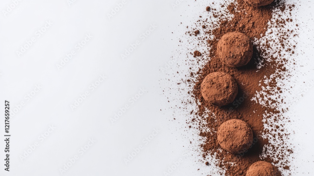 Poster chocolate truffles coated in cocoa powder on white background with space for text and decorative coc