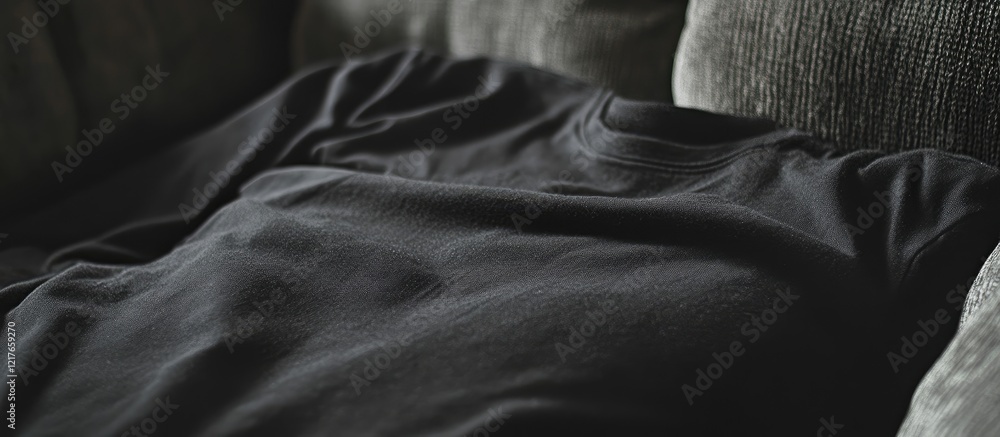 Poster Black T-shirt resting on soft sofa fabric with ample copyspace for personalized text or design elements