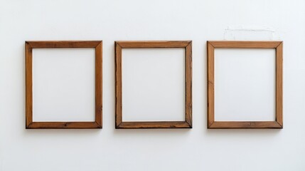 Empty wooden photo frames on white wall with copy space for design or artwork placement.