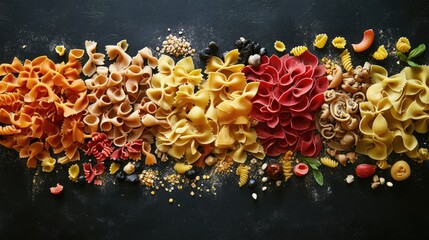 Colorful assortment of various pasta shapes arranged artistically on a dark surface ideal for food photography and culinary presentations
