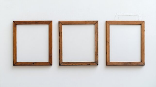 Empty wooden photo frames on white wall with copy space for design or artwork placement.