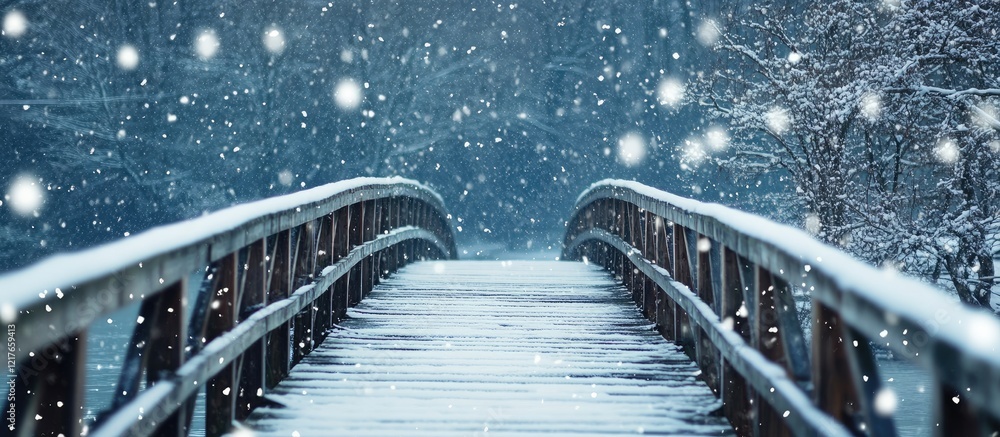 Poster serene winter landscape of snow-covered bridge surrounded by falling snowflakes and copy space for t