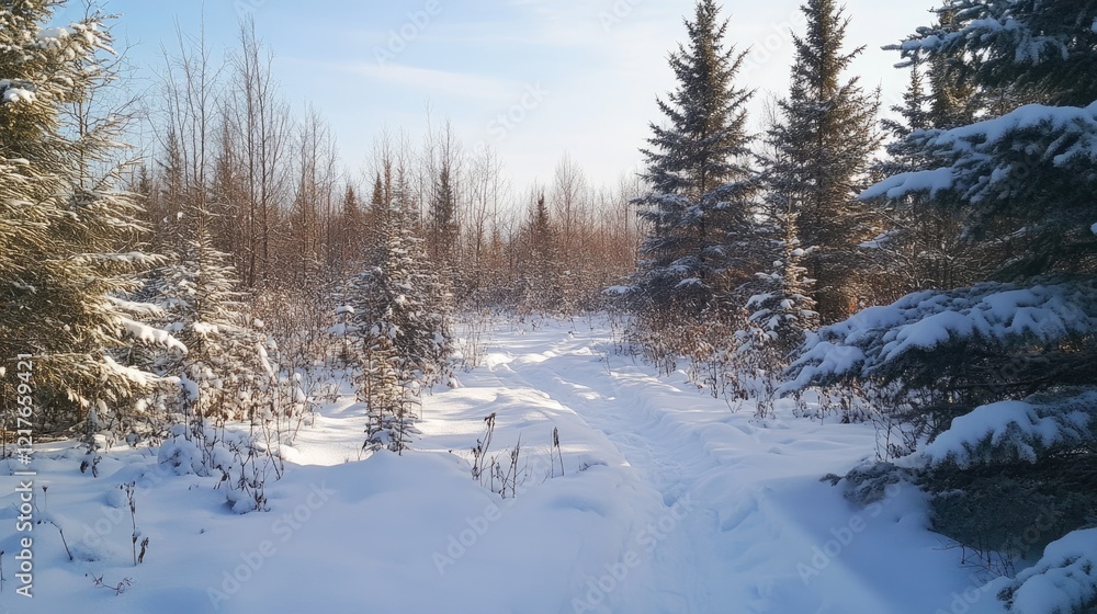 Poster snow-covered forest path surrounded by evergreen trees and clear blue sky with copy space for text.