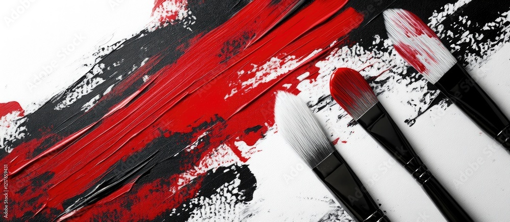 Aufkleber Colorful paintbrushes on a palette with red and black paint textures creating an artistic background ideal for text placement and designs.