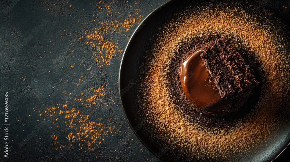 Poster decadent chocolate dessert with brown sugar dusting on dark background with empty space for text or 