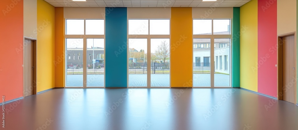 Poster bright and open office space with colorful walls and ample natural light ideal for creative work env