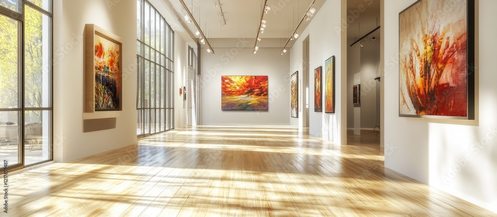 Poster modern art gallery interior with spacious layout and abundant natural light showcasing vibrant artwo