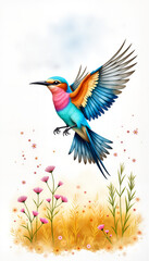 Obraz premium Indian roller soaring with vibrant wings among wildflowers, nature's beauty