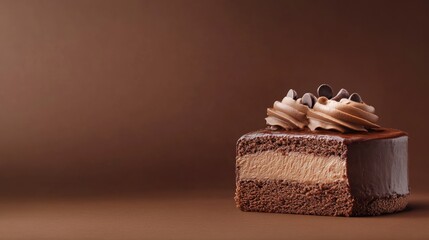 Chocolate Dessert Cake with Creamy Frosting on Brown Background for Culinary Advertisements and Copy Space