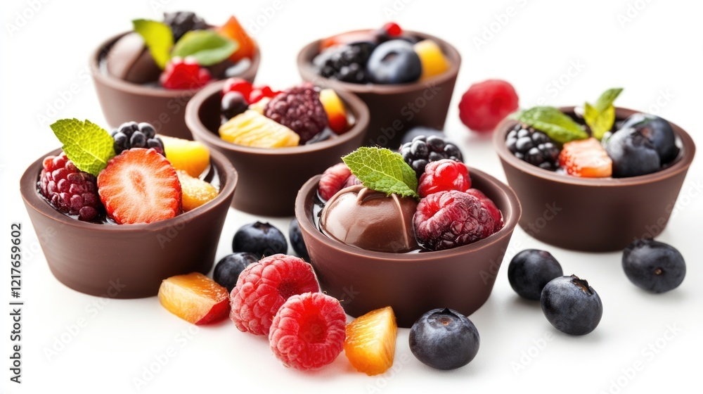 Poster chocolate cups filled with fresh assorted fruits on white background with empty space for text and d
