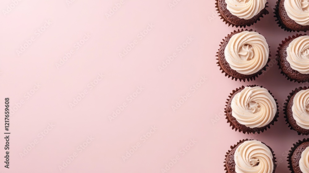 Poster chocolate cupcakes with vanilla frosting on pink background with blank space for customizable text a