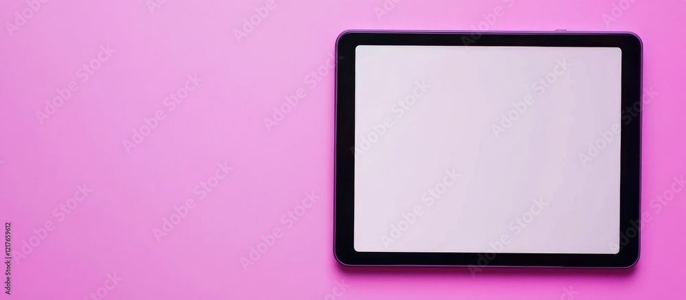 Poster Digital tablet with purple border on pink background showcasing empty screen and ample copyspace for personalized text or graphics.