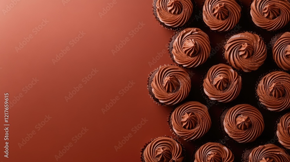 Poster chocolate cupcakes with swirled chocolate frosting on brown background with copy space for text