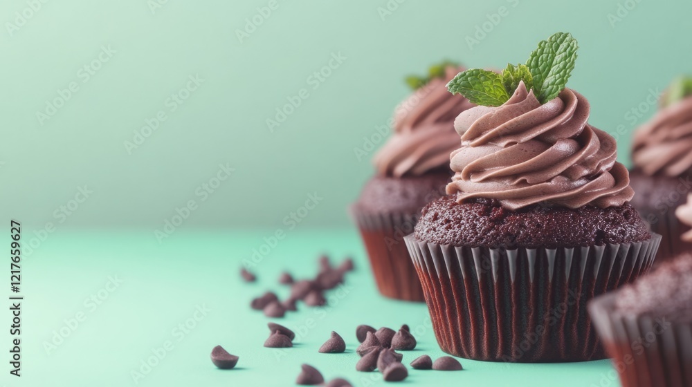 Poster chocolate cupcakes with mint chocolate frosting arranged on a surface with green backdrop and empty 