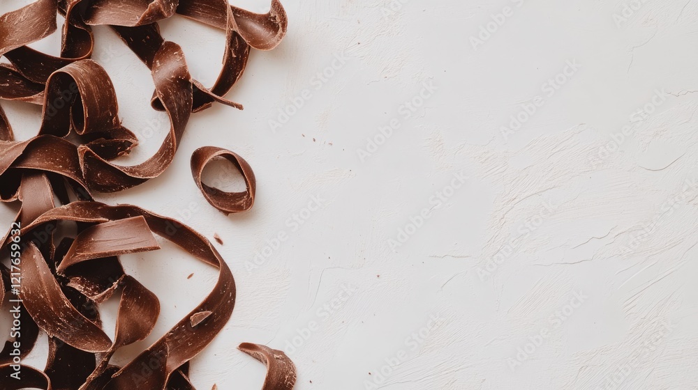 Poster chocolate curls scattered on a white surface with soft natural light and ample empty space for creat