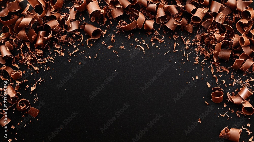 Poster chocolate curls scattered on black background with ample empty space for creative text or design ele