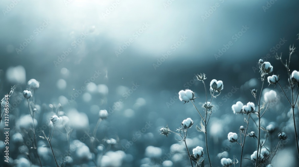 Poster cotton field with soft focus and diffused light natural background with copy space for text.