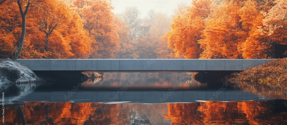 Poster Modern bridge over a river in a vibrant autumn forest with reflections in the water and clear space for text or messages.