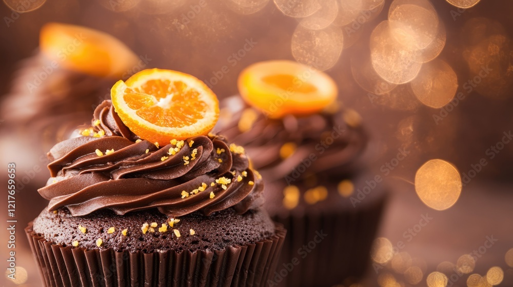 Poster chocolate cupcakes with orange slices on creamy frosting and bokeh background with blank space for t