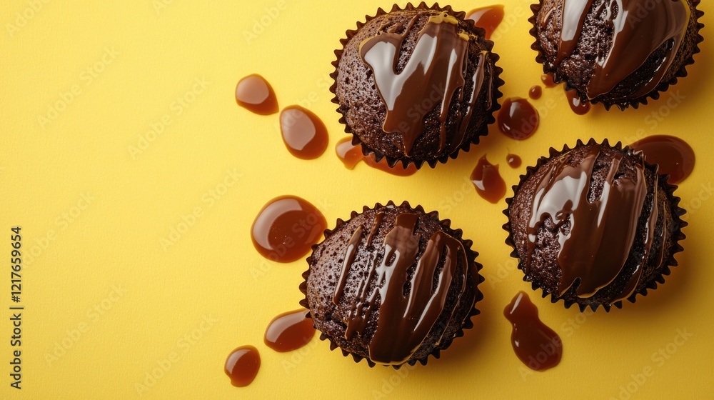Poster chocolate cupcakes drizzled with rich caramel sauce on yellow background with blank space for custom