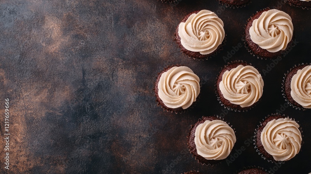 Poster chocolate cupcakes with creamy swirl frosting on dark rustic background with copy space for text