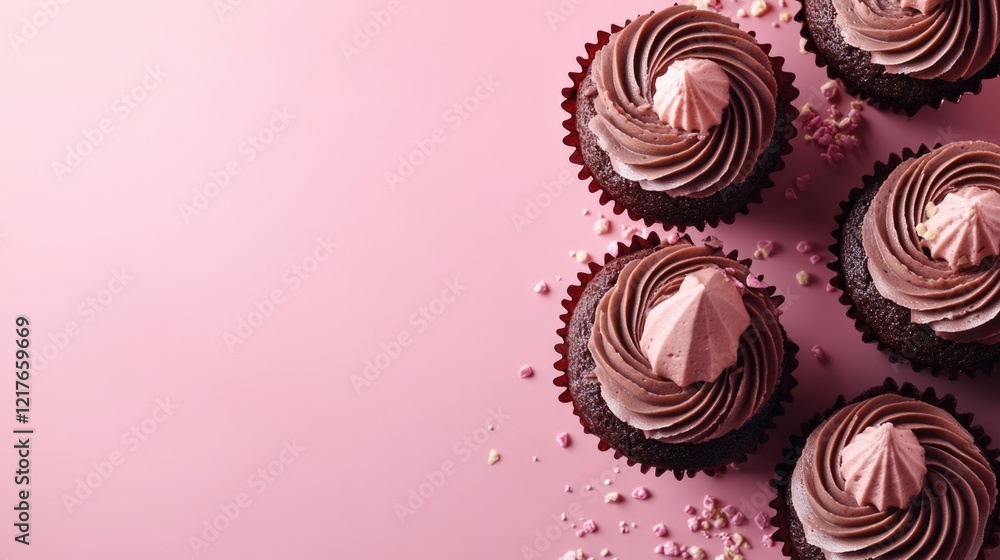 Poster chocolate cupcakes with swirled vanilla frosting on soft pink background ideal for text placement an