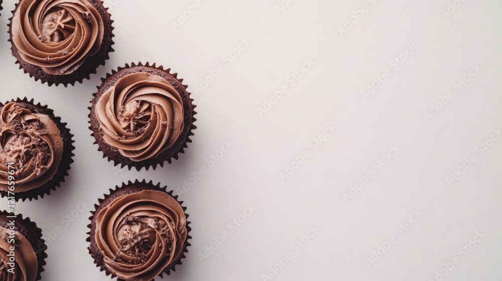 Poster decadent chocolate cupcakes with smooth frosting and generous empty space for custom text or brandin