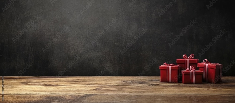 Poster blackboard background with christmas gift boxes on wooden table creating a festive atmosphere and am