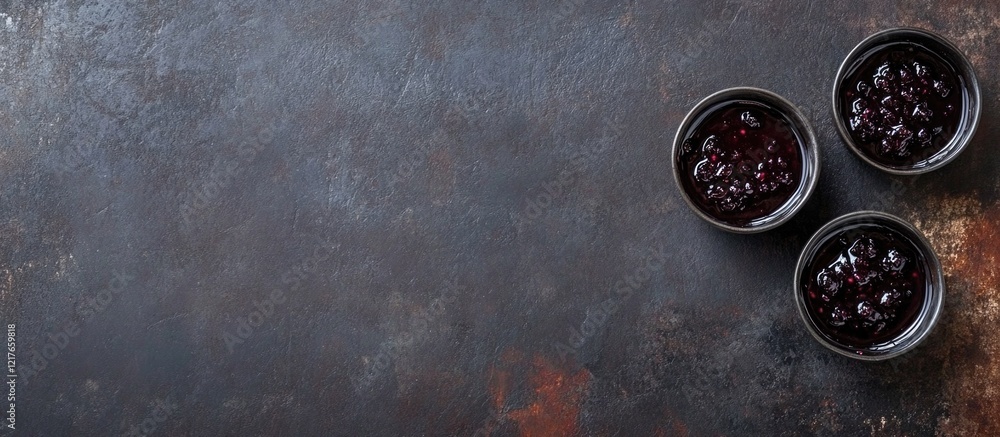 Poster blackberry jam in small bowls on dark textured background with ample copyspace for text or promotion